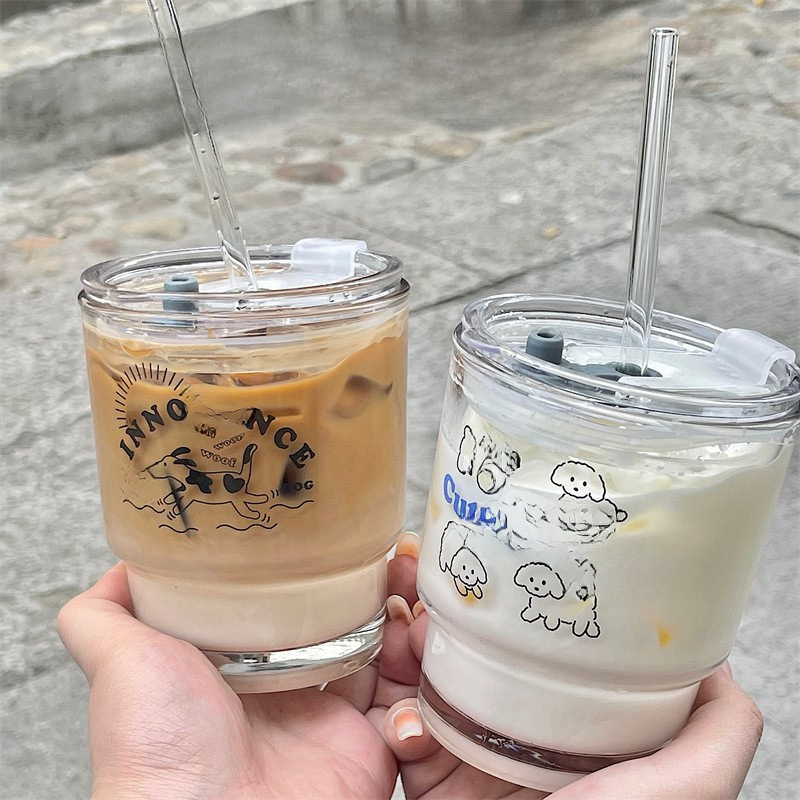 Han Feng design cartoon puppy glass bamboo cup straw cup coffee cup breakfast cup with lid couple Cup