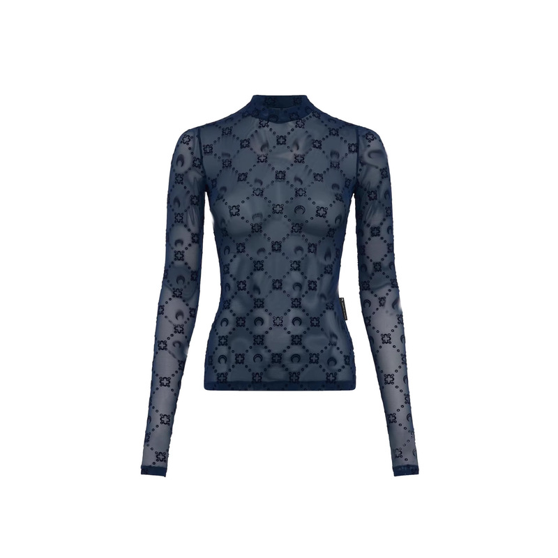 Marine Epr High-Quality Moon-Patterned Mesh Base Shirt with Velvet High Collar and Semi-Transparent Moon Lace for Women Marine Epr High-Quality Moon-Patterned Mesh Base Shirt with Velvet High Collar and Semi-Transparent Moon Lace for Women