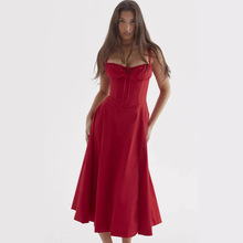 跨境外贸欧美女装亚马逊2025夏季时尚性感修身收腰下摆开叉连衣裙