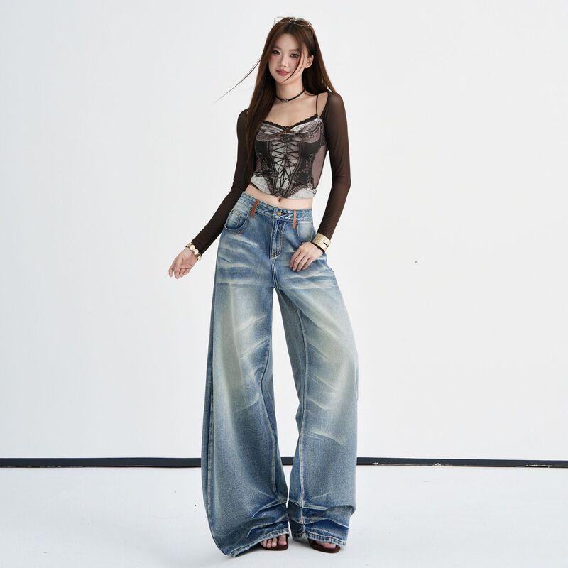 2026 Fall/Winter New Style Heavy Washed Distressed Cat-Eye White Leather Ears Contrast Color Fashionable Women's Jeans 2026 Fall/Winter New Style Heavy Washed Distressed Cat-Eye White Leather Ears Contrast Color Fashionable Women's Jeans