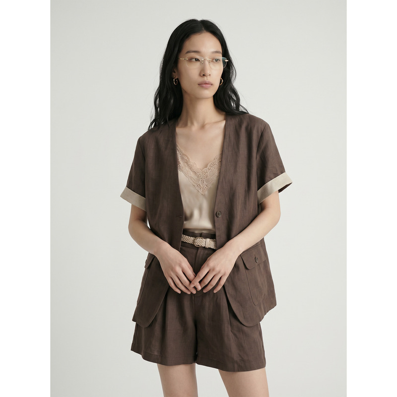 [Special Offer, No Refunds or Exchanges] Original Price 249 Yuan, Linen V-Neck Color-Blocked Rolled-Sleeve Blazer for Women, Summer 258682
