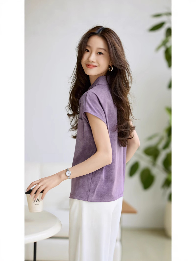 Áo thun polo cổ bẻ nữ họa tiết loang màu mùa hè — tím