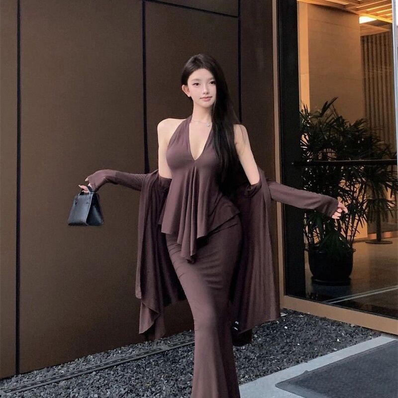 大码不规则长袖开衫外套上衣背心吊带秋季套装鱼尾半身裙三件套女|undefined