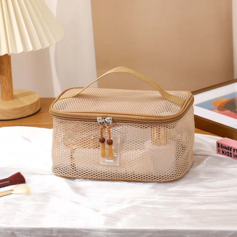 Bolsa de cosméticos estilo ins, bolsa de almacenamiento de zona de cosméticos de malla portátil portátil de gran capacidad