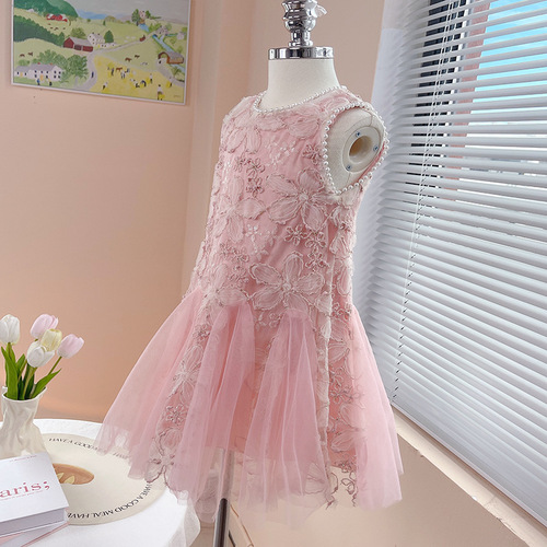 New Girls' Summer Floral Fish-Tail Dress with Pearly Net Top for Children - Birthday Party Gown