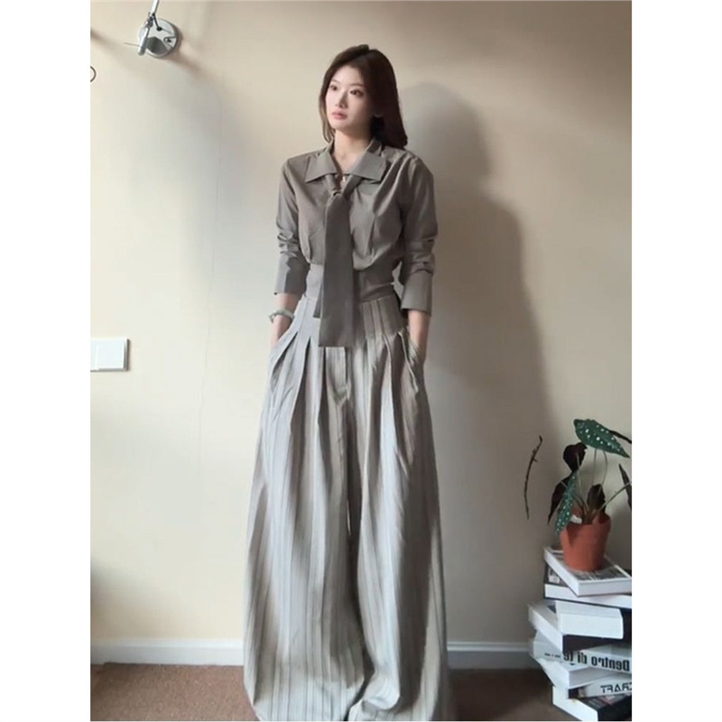 慵懒感宽松秋季通勤百搭系带气质简约显瘦长袖衬衫条纹阔腿裤套装|undefined