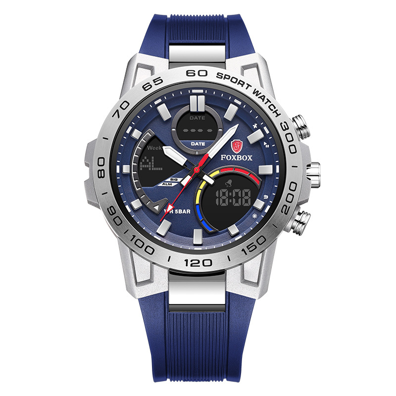 FOXBOX hombre nuevo cronógrafo multifuncional impermeable reloj despertador de doble pantalla reloj electrónico reloj deportivo para estudiantes