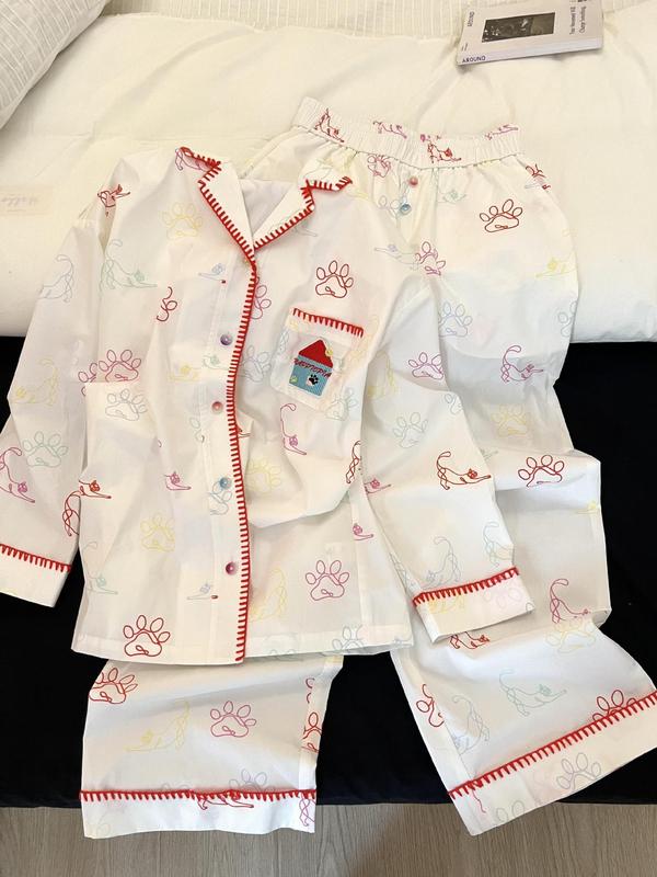 卡通可爱狗爪印花睡衣女秋季新款大码长袖翻领可外穿家居服套装潮|undefined