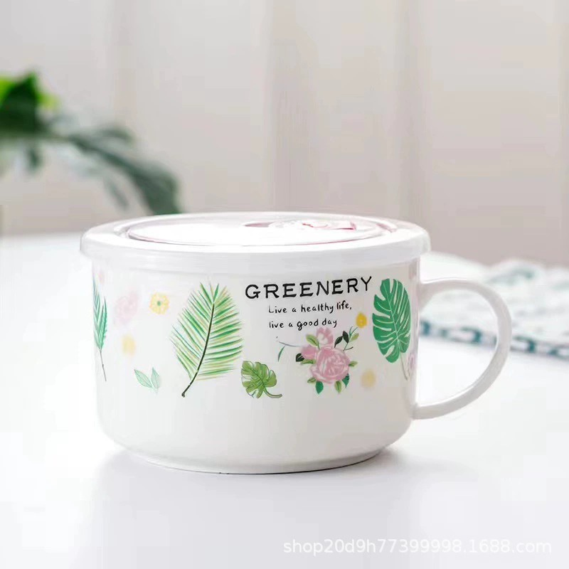 Microwave ceramic noodle bowl with lid and handle, 5.25″ and 6″, cute printed designs