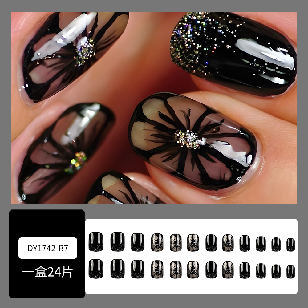 Hielo a través de crisantemo negro dulce y cool manicure parche de uñas corto brillo de polvo parche de uñas flores de venta caliente en Europa y América para usar uñas