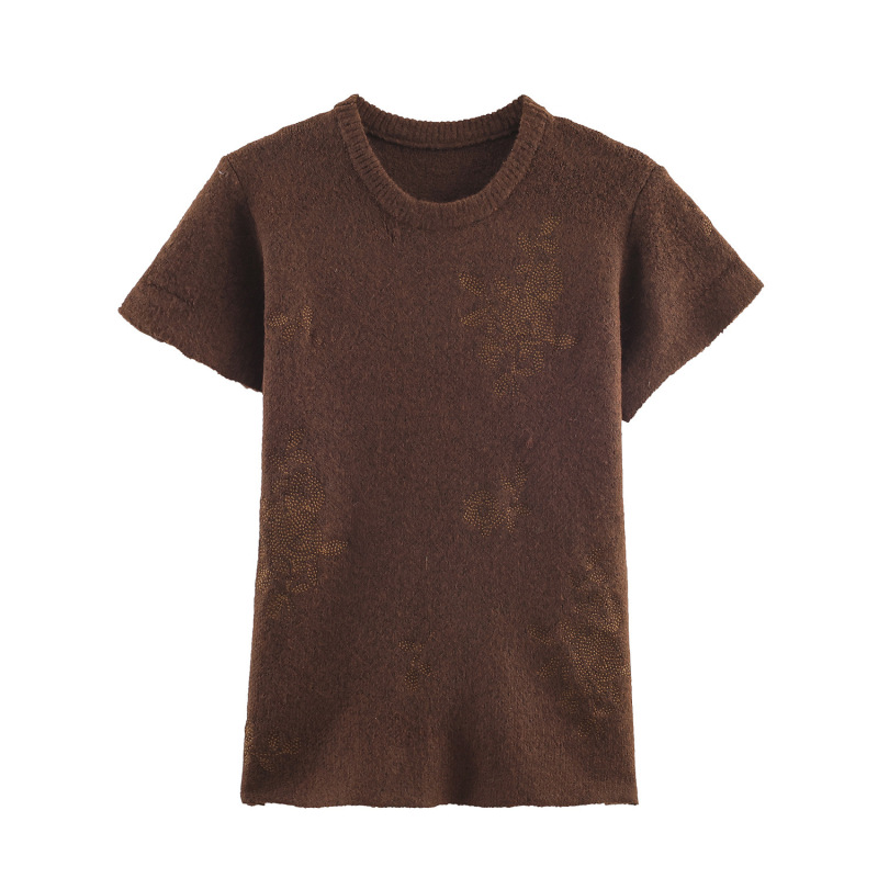 Cross-Border Women's Clothing Wholesale European and American Style 2025 Autumn New Solid Color Embossed Round Neck T-Shirt Slim Fit Short-Sleeve Knit Top Cross-Border Women's Clothing Wholesale European and American Style 2025 Autumn New Solid Color Embossed Round Neck T-Shirt Slim Fit Short-Sleeve Knit Top