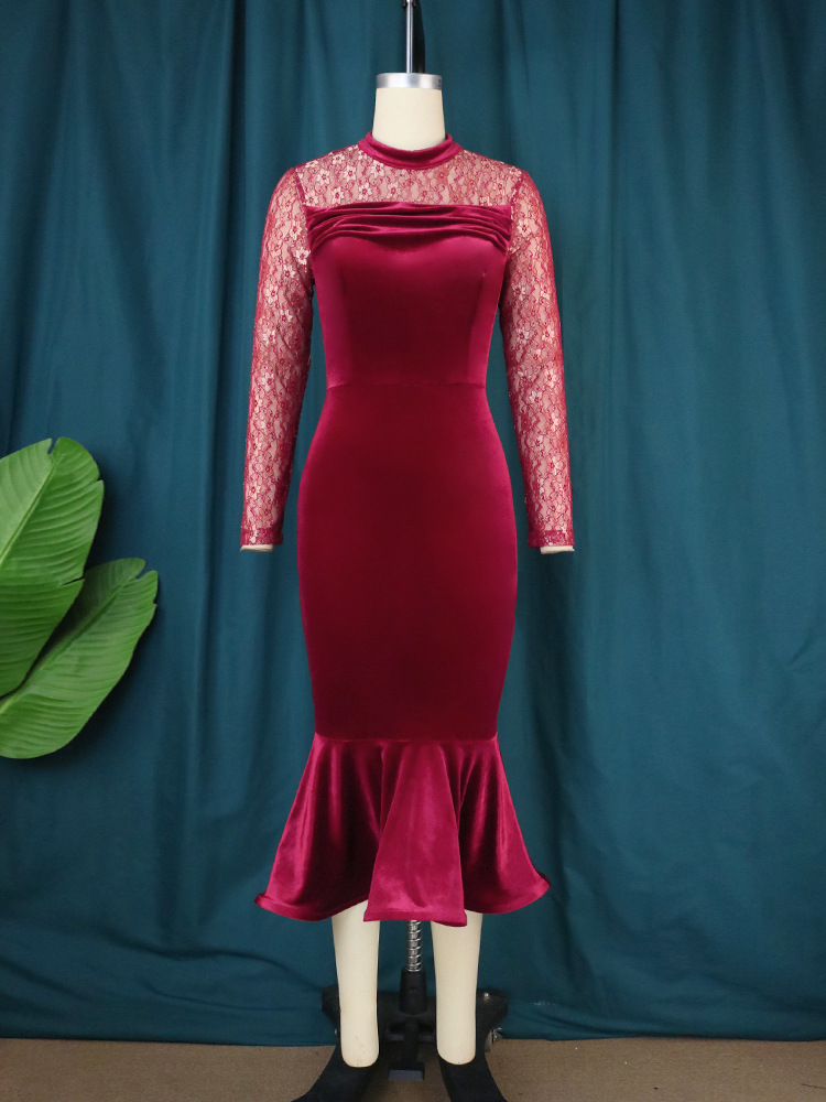 Women's Clothing lace stitching cross border plus size dress elegant high waist evening dress fishtail skirt dresses_voghion.com