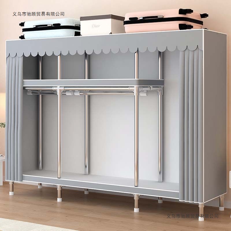 Simple Wardrobe for Home Bedroom Rental, All-Steel Frame Fabric Wardrobe, Thickened Steel Pipes for Storing Clothes, Hanging Wardrobe