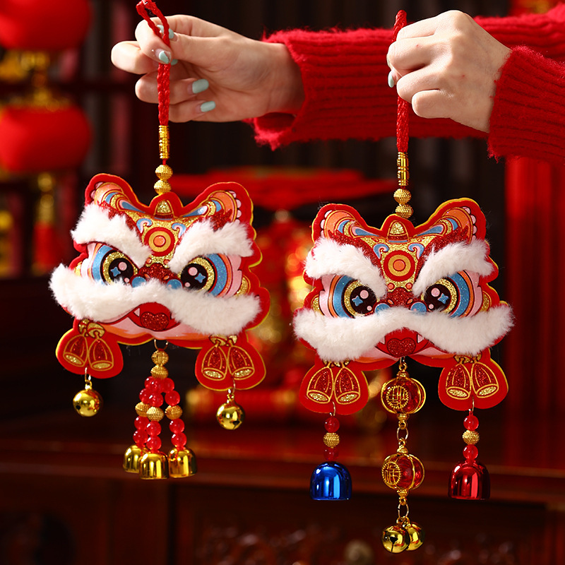 马年春节毛绒醒狮铃铛挂饰新年装饰小挂件过年客厅装饰布置|undefined