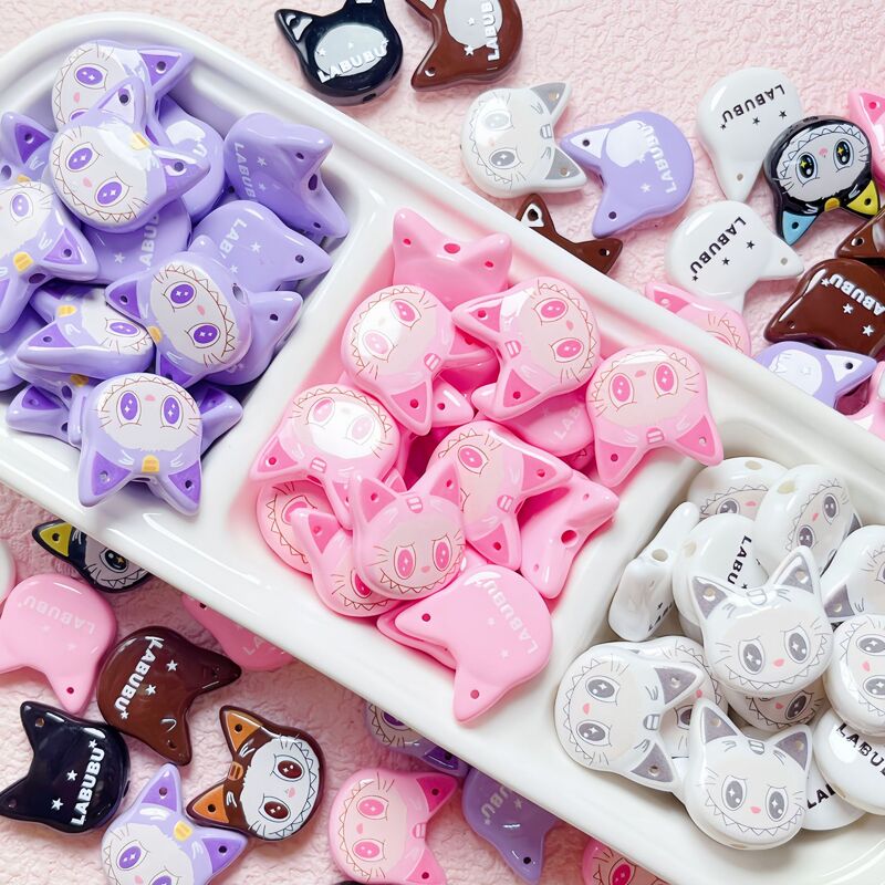 Acrylic Paint Printing Labubu Cat Head 3-Hole Beaded DIY Mobile Phone Chain Keychain Material Jewelry Accessories