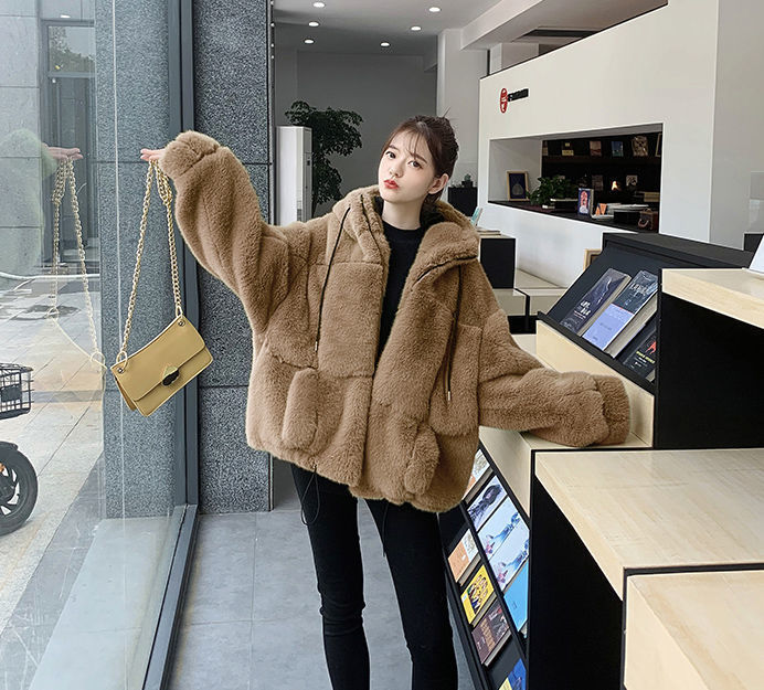 2022 Autumn and Winter New Imitation Fur Coat Women's Imitation Rex Rabbit Fur Hooded Plush Coat Loose Warm