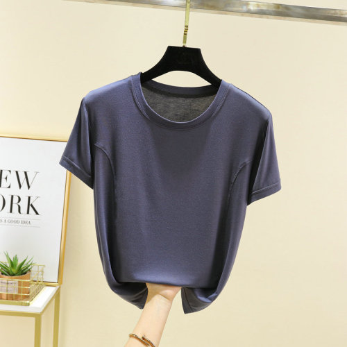 Modal crew-neck short-sleeve T-shirt, slim-fit top with minimalist, stylish patchwork design—perfect for a trendy, on-trend summer look that’s ideal for wearing outside.