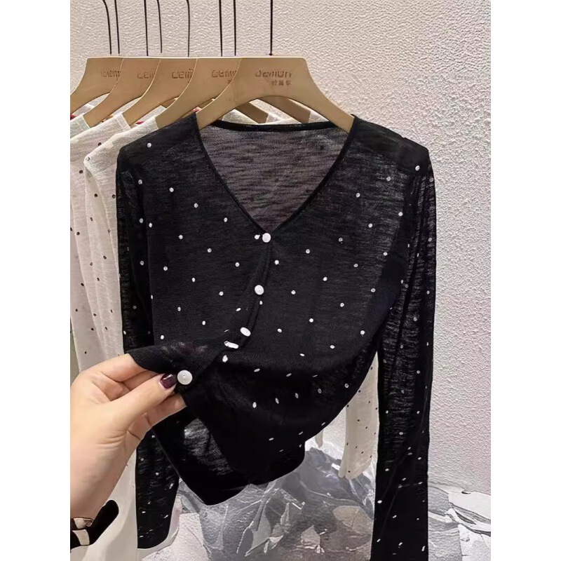 V-Neck Ice Silk Knitted Cardigan Jacket Women's Summer Outer Blouse Thin Shawl Air-conditioning Shirt Sunscreen Short Top