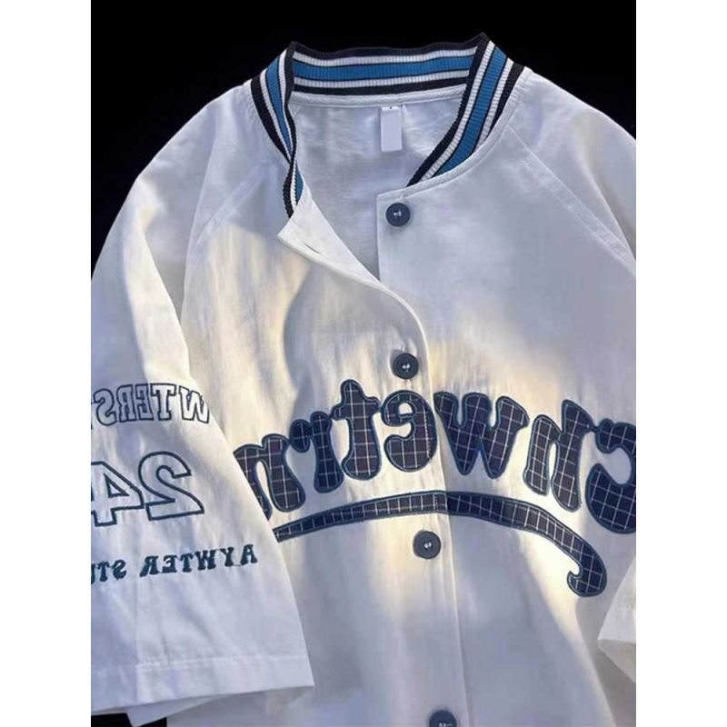 American Baseball Uniform Shirts for Men and Women, Summer Retro Hip-Hop Letter Print Loose Casual Versatile Couple Short-Sleeved Tops