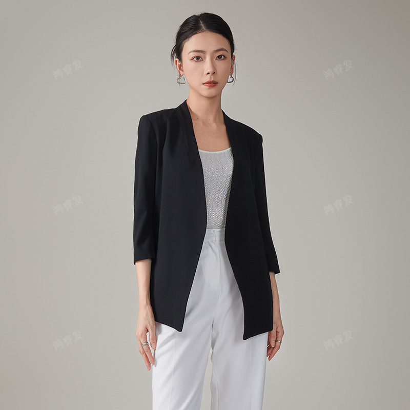 2024 New Acetate Black Blazer for Women, Slim Fit, Versatile Fabric, Three-Quarter Sleeves