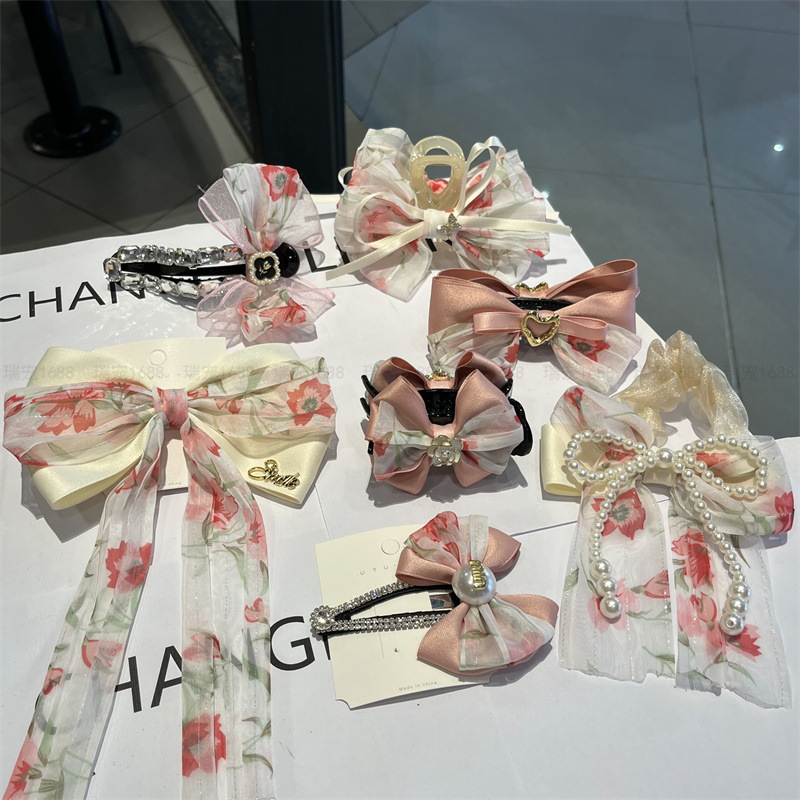 玫瑰花珍珠頭飾花朵水鑽金屬愛心扎頭蝴蝶結大腸發圈髮飾代發