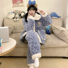 三层夹棉睡衣女可爱豹纹珊瑚绒加绒加厚保暖法兰绒家居棉服睡袄冬