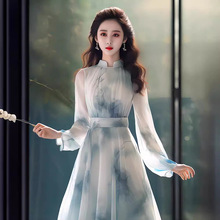 新中式国风高端精致学院风长裙高级感蓝色印花雪纺连衣裙子女3841