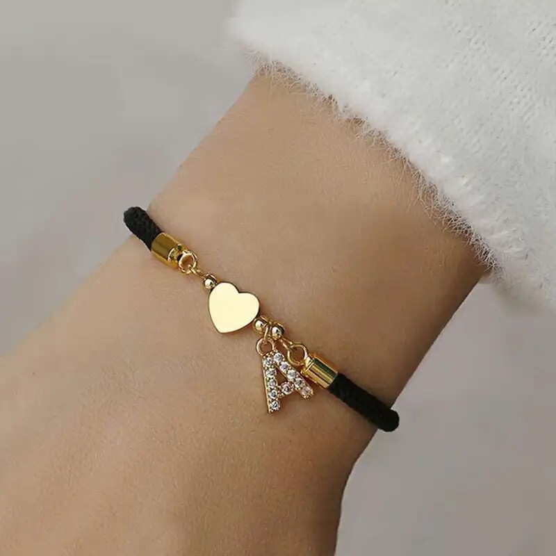 Cross-Border Style Classic A-Z Initial Letter Heart Bracelet for Women with Zirconium Letter Adjustable Black Rope Bracelet for Women