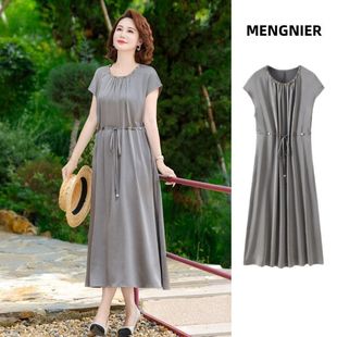 New Style Summer Dress for Mothers, Large Size Belly-Covering Short-Sleeved Waist Skirt, Knee-Length Long Style, Middle-Aged and Elderly Women's Clothing