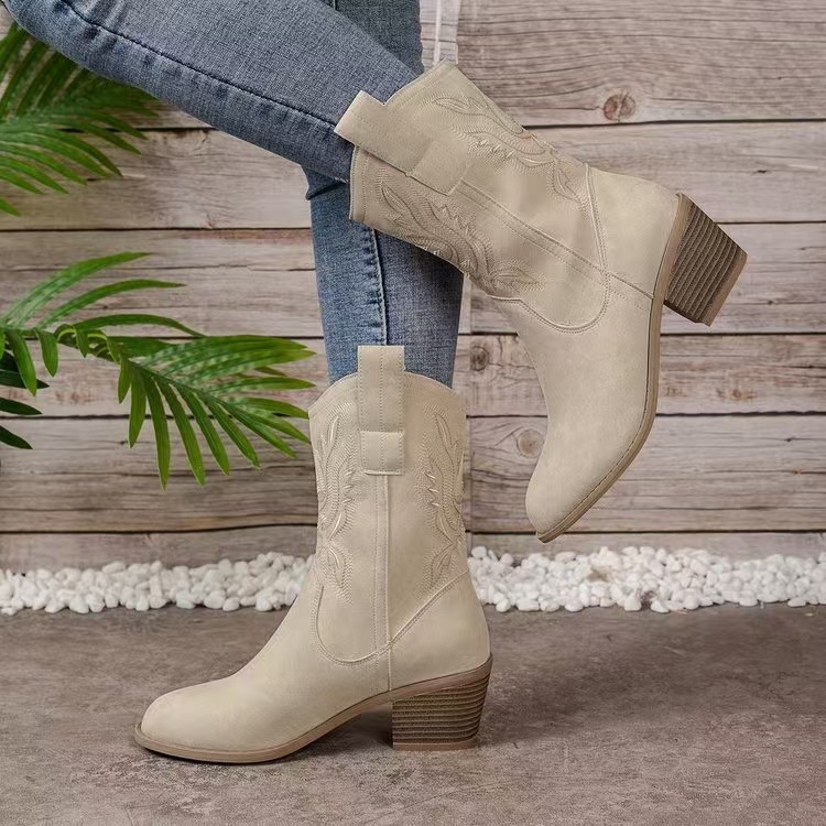 Women's Ankle Boots Round Toe V-cut Block Heel Autumn Winter_voghion.com