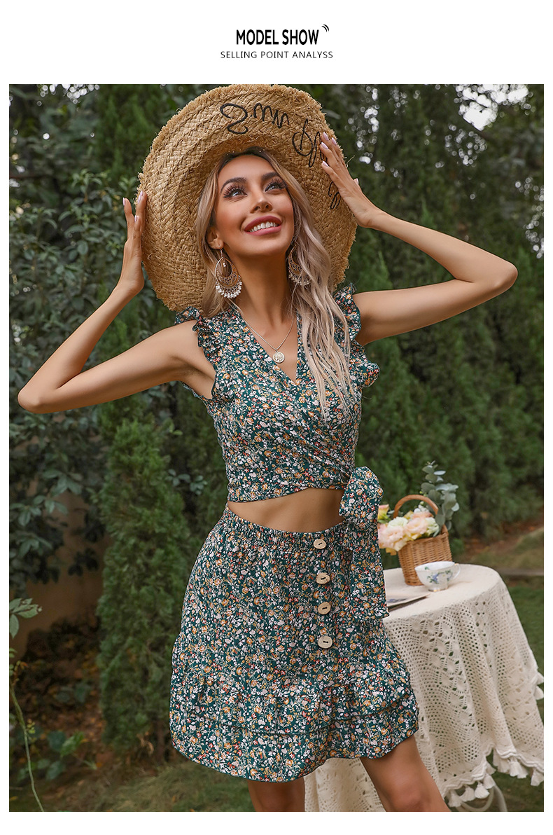 Floral One-piece Top Ruffle Two Piece Skirt Set_voghion.com