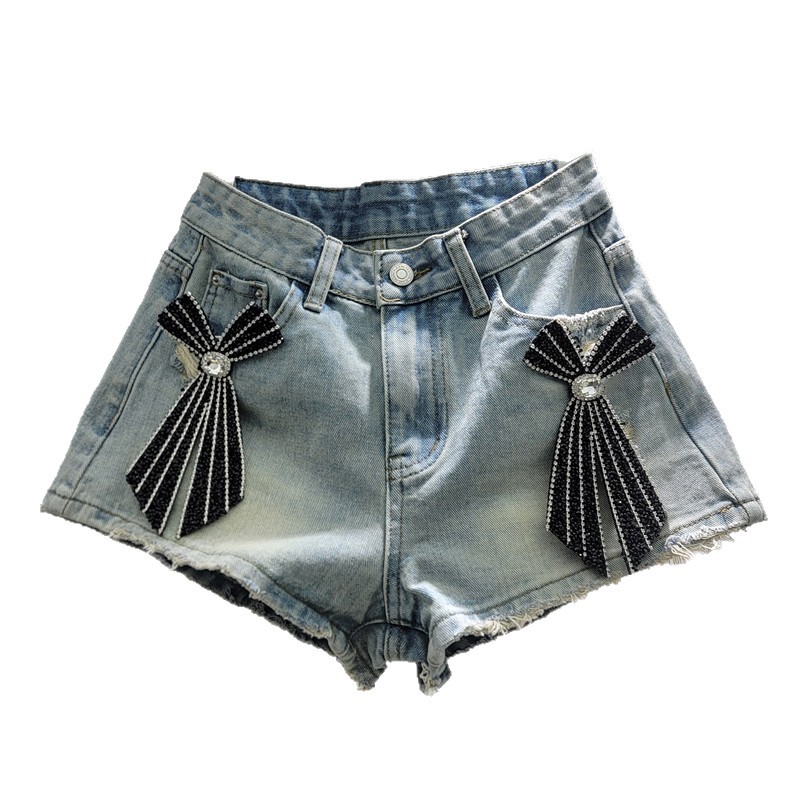 Pantalones Cortos Jeans con Pedrería para Mujer de Mezclilla de Poliéster de Cintura Baja