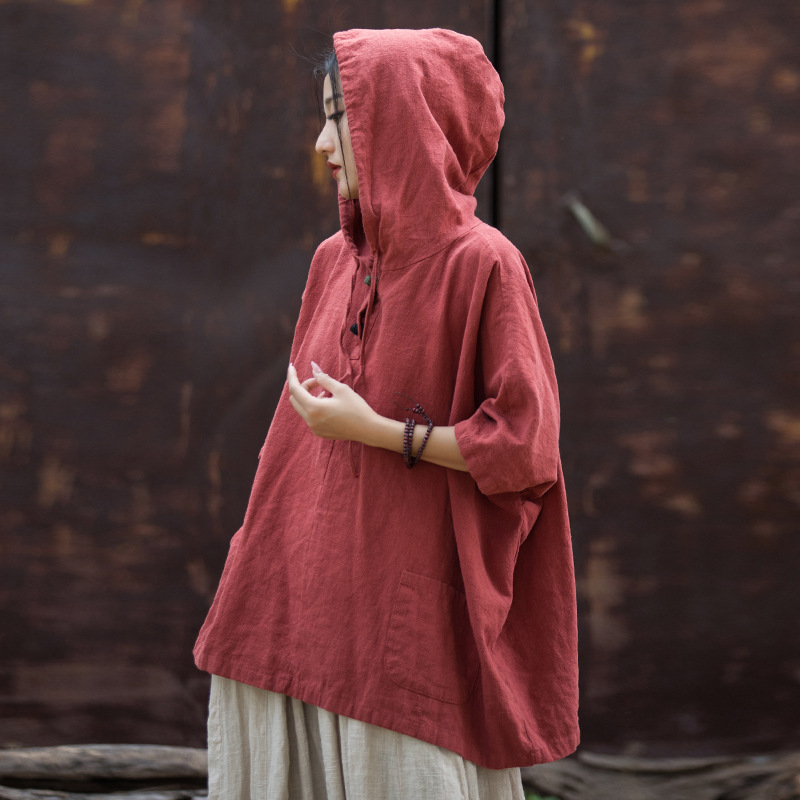 25秋冬綿麻婦人服新作念百秀紡麻綿砂洗いボタン付きフード付き日焼け止め半袖Tシャツ