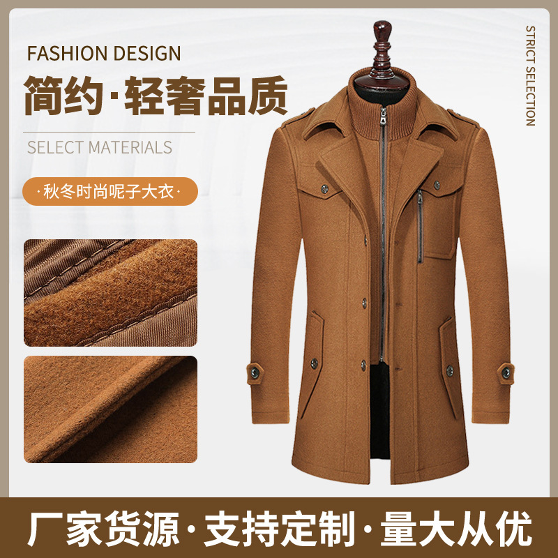 Middle-Aged and Elderly Men's Woolen Coat, Business Casual Style, Double Collar, Detachable Inner Lining, Large Lapel, Thickened, Mid-Length Middle-Aged and Elderly Men's Woolen Coat, Business Casual Style, Double Collar, Detachable Inner Lining, Large Lapel, Thickened, Mid-Length