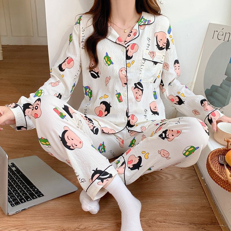 Nuevo conjunto de pijamas de algodón nublado transfronterizo de manga larga delgada primavera y otoño de mujeres lindos pantalones de dibujos animados dulces ropa para el hogar