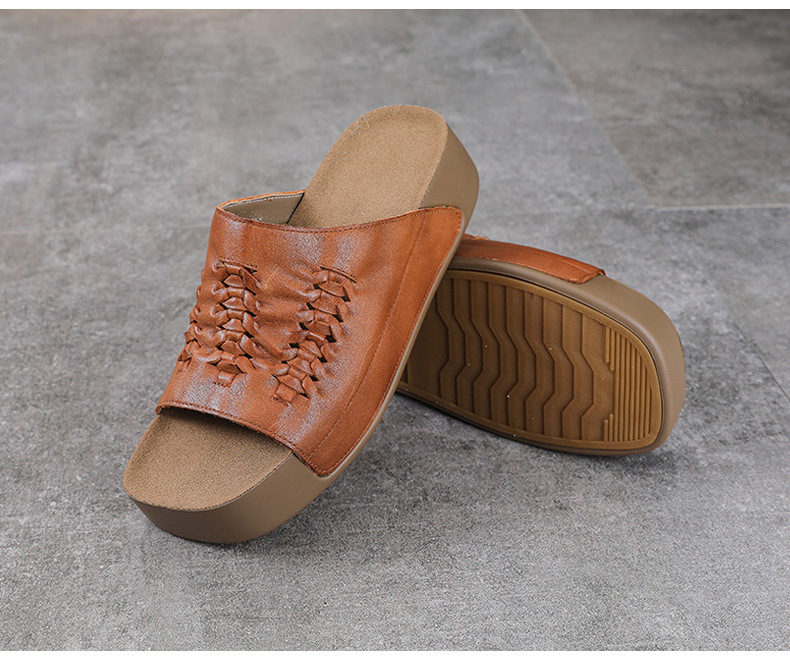 Dép sandal nữ quai ngang da bò thật đế dày phong cách cổ điển — màu be chi tiết 14
