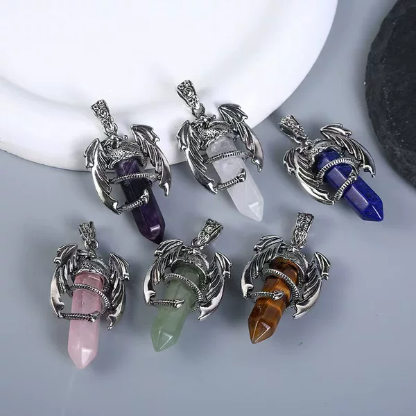 Natural Stone Alloy Flying Dragon European and American Natural Purple Water Pendant Pterosaur Hexagonal Column Necklace Carved Amethyst Purple Crystal