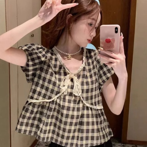 New 2025 Summer Korean Style Retro Checkered Bubble Sleeve Lace Edge Doll Shirt Top