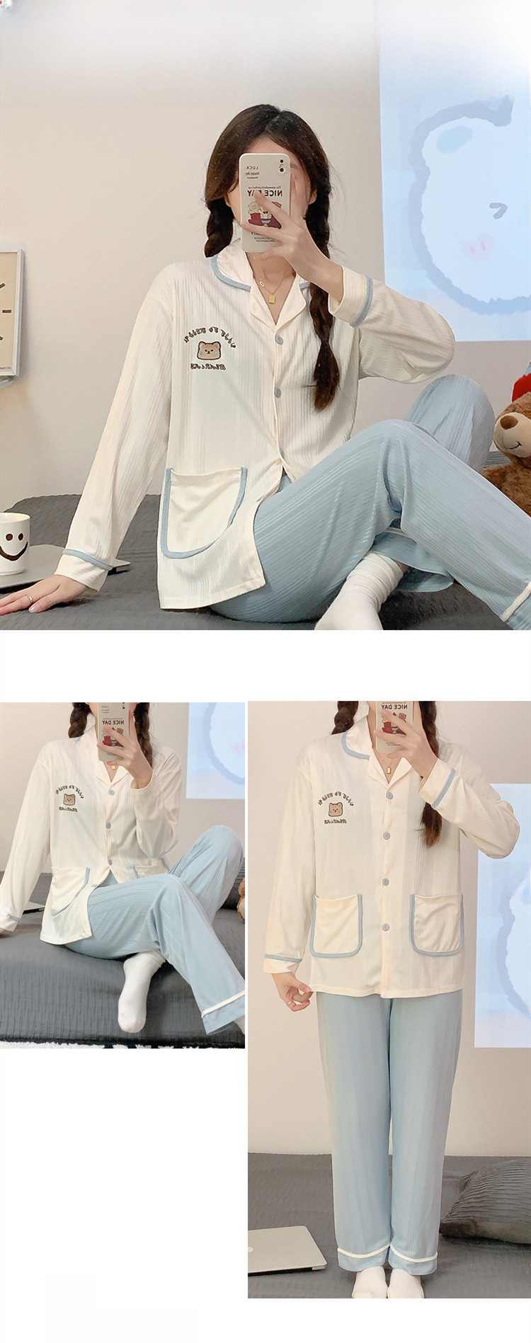 Sweet cartoon embroidered bear girl sweet spring and autumn long-sleeved trousers cardigan milk silk pit foreign trade suit_voghion.com