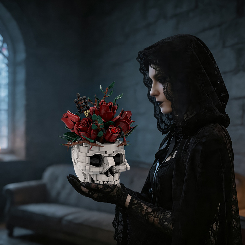 Cross-Border Halloween Room Decorations Skull Rose Assembly Ornaments Home Building Block Flower Skull Rose Cross-Border Halloween Room Decorations Skull Rose Assembly Ornaments Home Building Block Flower Skull Rose