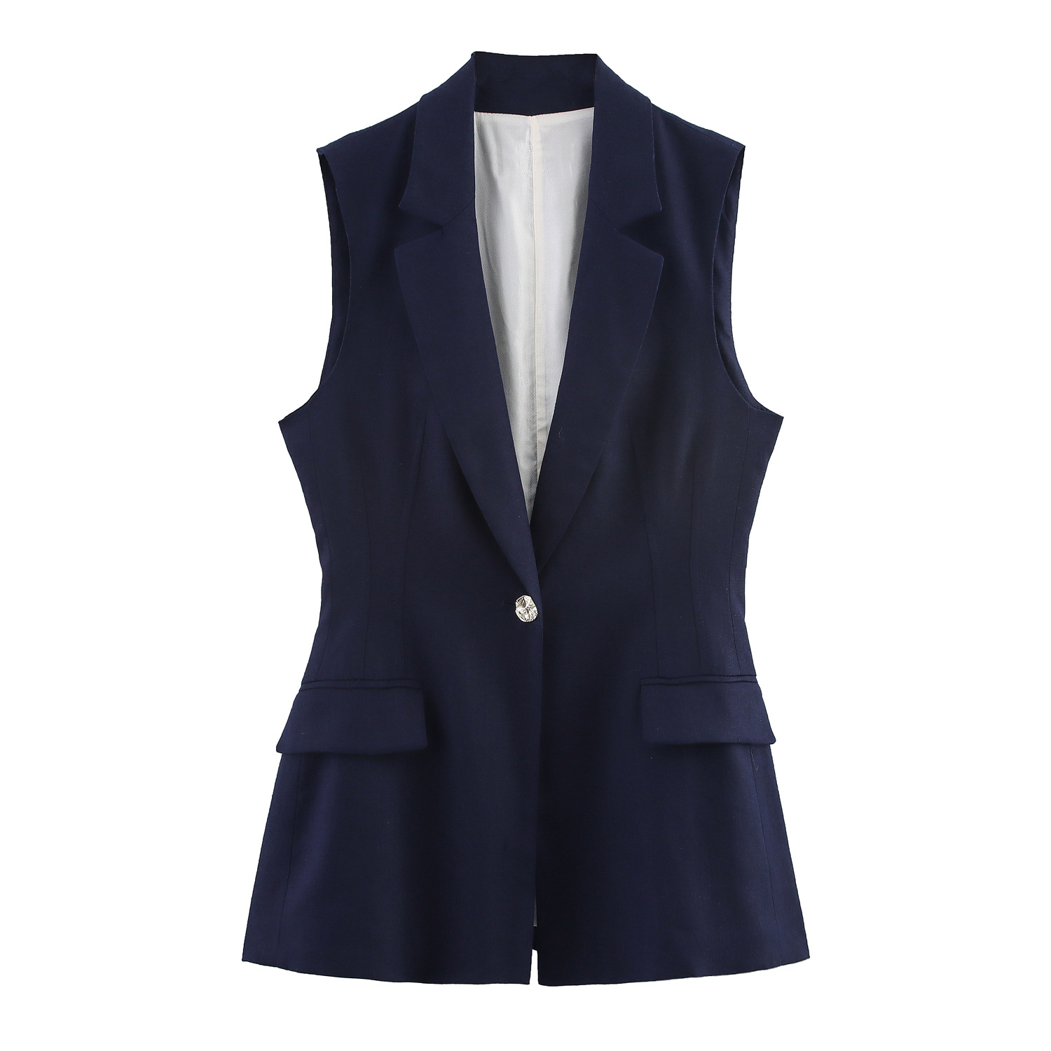 2025 Summer Commuting Style Women's Solid Color Linen Blended Suit Collar Long Vest