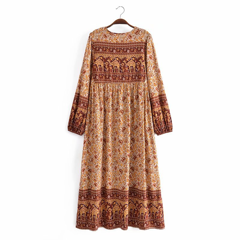 loose cotton print lace-up fringed long-sleeved dress  NSAM55369