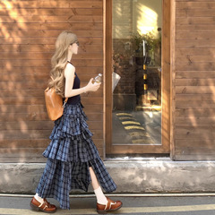 レトロチェック柄パッチワークベストドレス女性のための 2025 夏の新しいウエストデザイン偽ツーピースケーキスカート