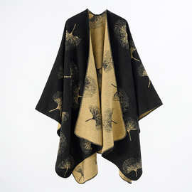 2026新款秋冬欧美时尚保暖披肩双面银杏仿羊绒百搭民族风斗篷围巾