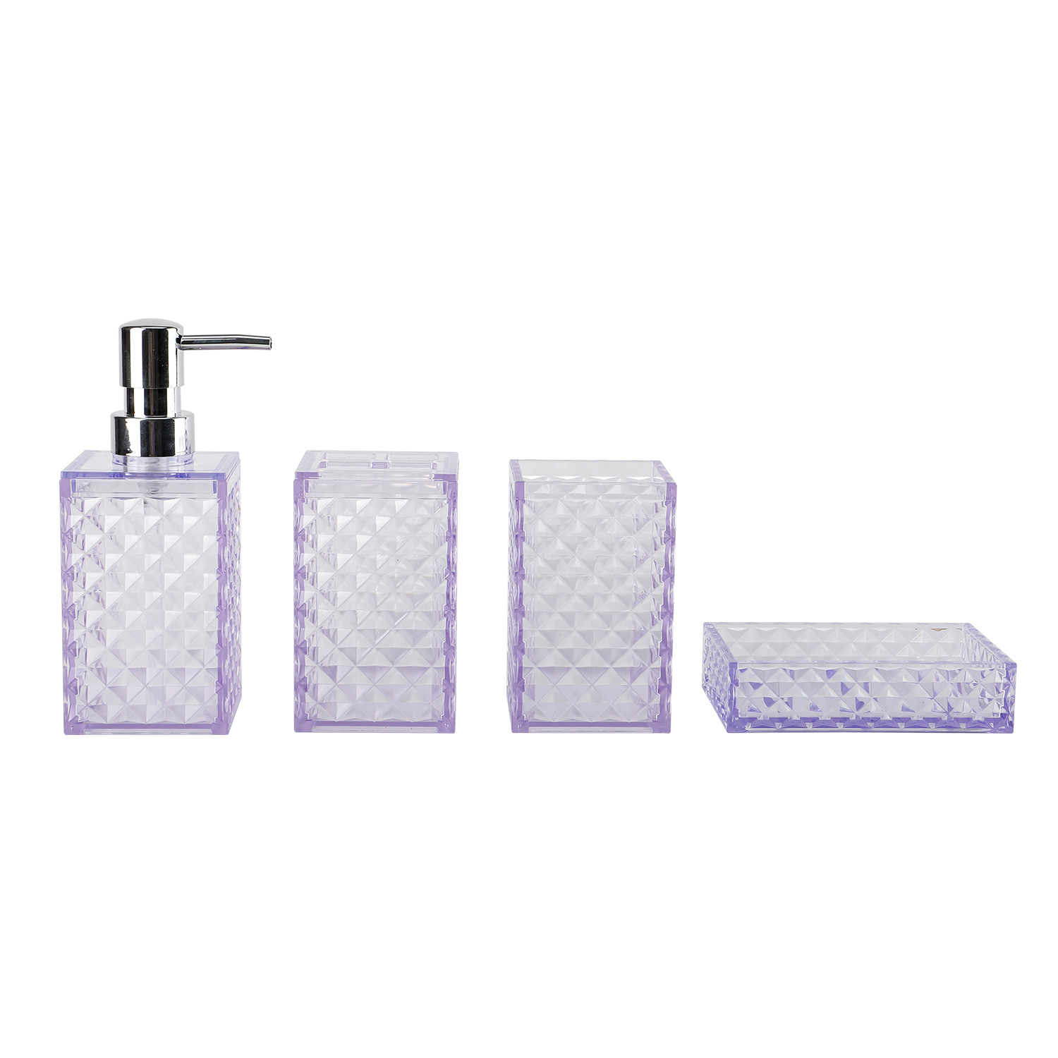 Cuarto de baño de plástico de cuatro piezas de diamante transparente Plaid fábrica al por mayor lavado baño enjuague bucal cepillo titular de cuatro piezas conjunto