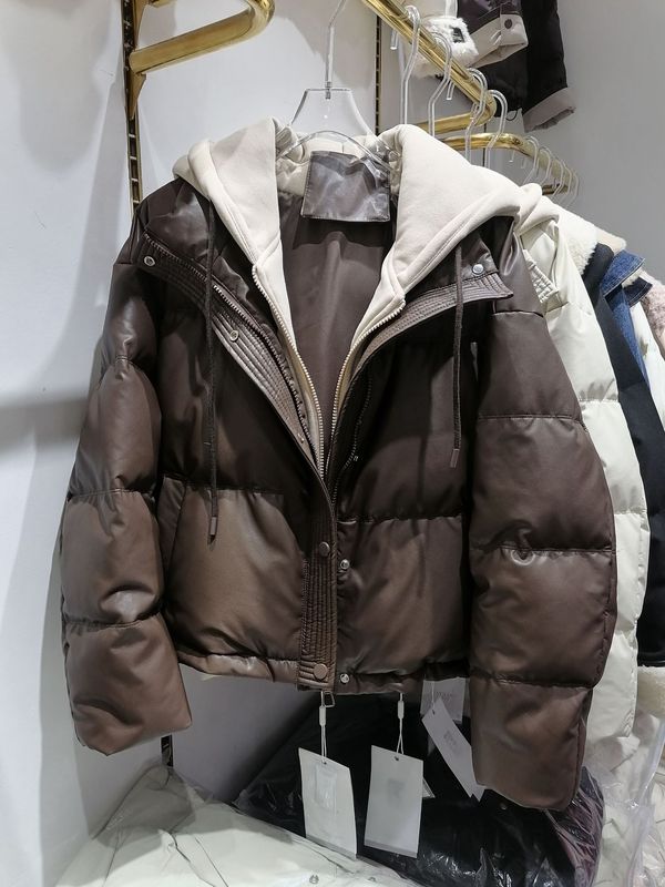 韩版外贸原创羽绒棉服女PU防水2025新款棉衣假两件连帽外套女加厚|undefined