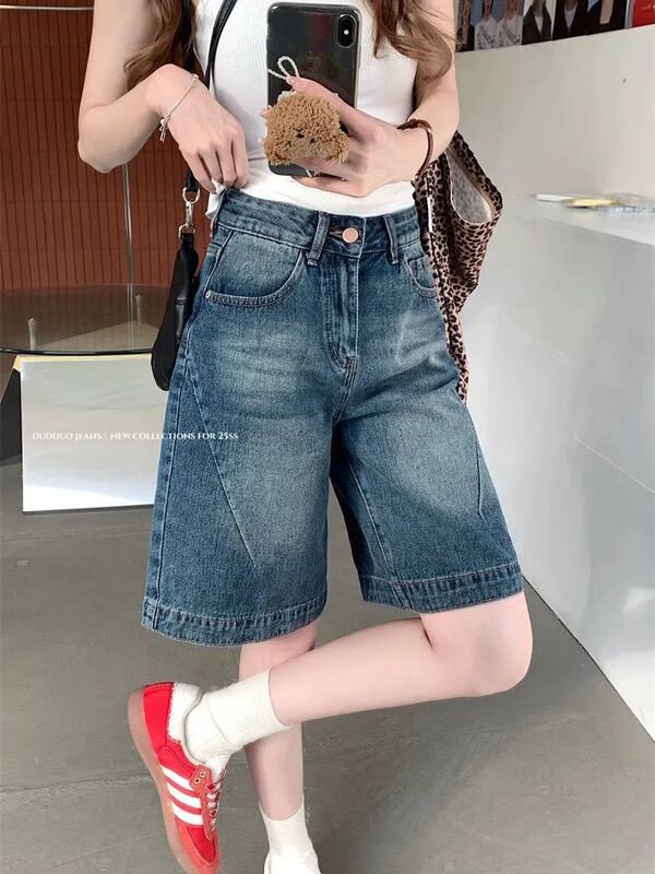American Retro Washed Split Five-Point Denim Shorts for Women High Street Straight Loose Slimming Wide-Leg Shorts Ins Trend American Retro Washed Split Five-Point Denim Shorts for Women High Street Straight Loose Slimming Wide-Leg Shorts Ins Trend