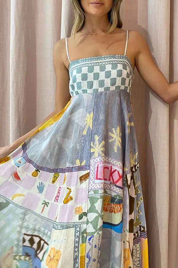 Strap Neckline Wholesale Women's Streetwear Printing Geometric Letter Plaid Holiday Beach Strap Sleeveless Strap Dress