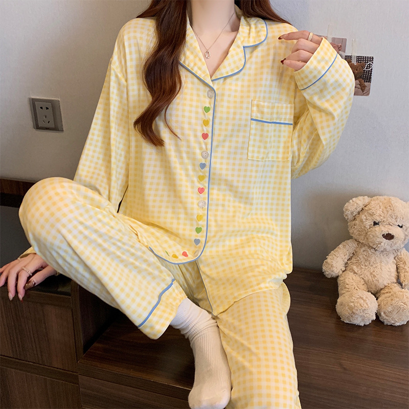 Milk yellow plaid spring and autumn home clothes women's new sweet love long sleeve pajamas suit can be worn real shot wholesale Milk yellow plaid spring and autumn home clothes women's new sweet love long sleeve pajamas suit can be worn real shot wholesale