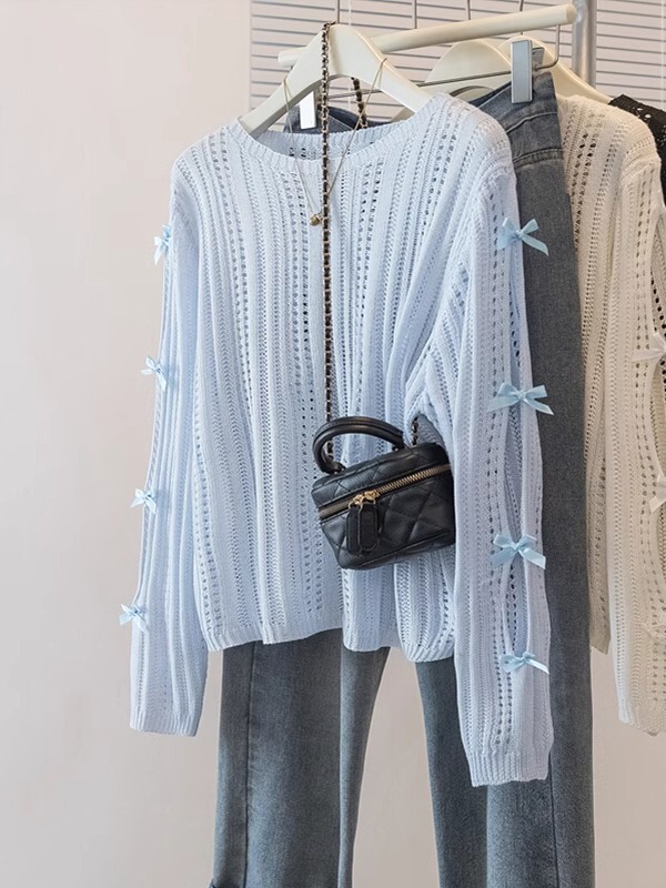 Bow-Knot Hollow Light Blue Sweater Shirt for Women Spring and Summer New Large Size Fat Outer Blouse Top